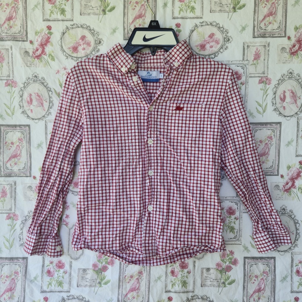 Southbound Boys Red White Gingham Check Long Sleeve Button Up Dress Shirt Size 7